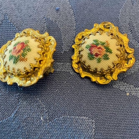 Vintage Artisan Earrings, Petit Point Stitching, Floral Design, Clip On Earrings - Picture 1 of 2